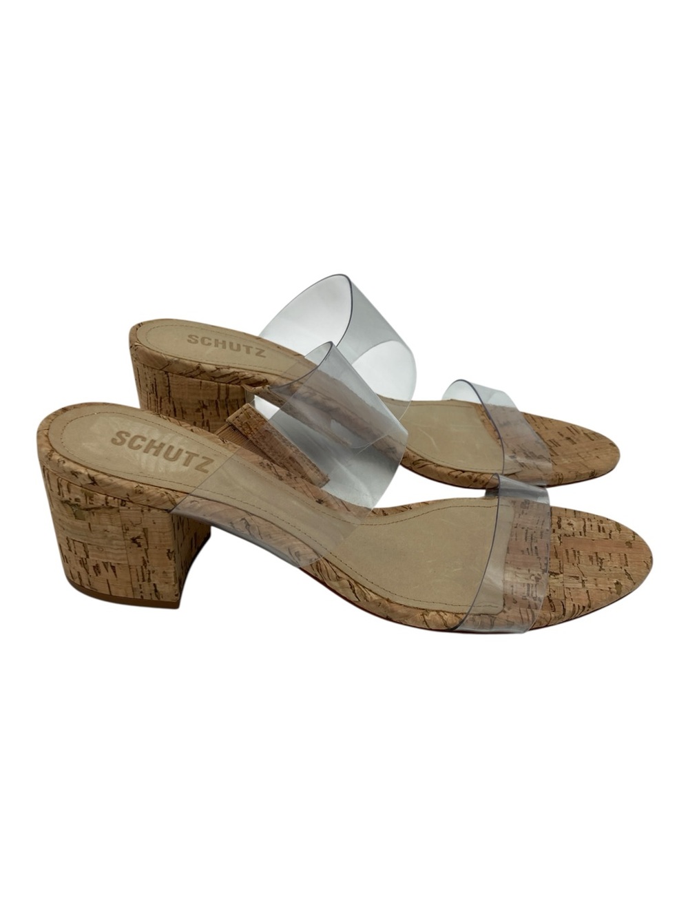NWT SCHUTZ Victorie Cork Block Heel Transparent Sandals